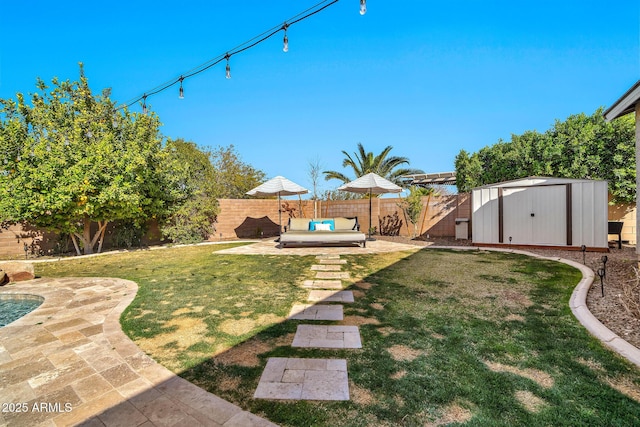 view of yard featuring an outdoor hangout area, a patio area, and a storage unit