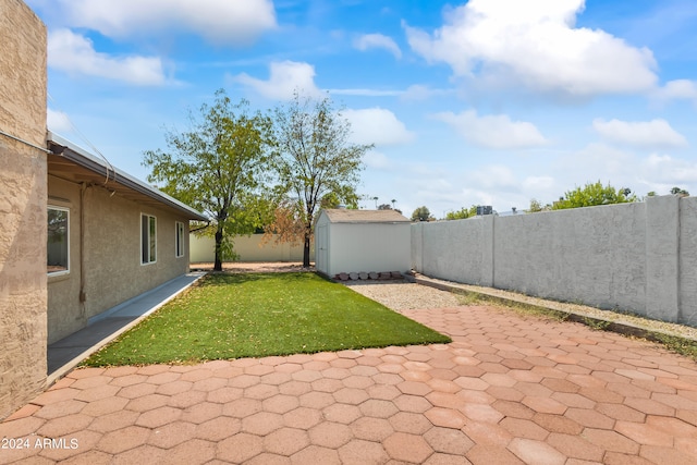 view of yard featuring a patio area and a storage shed