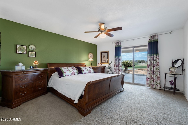 bedroom featuring access to exterior, light carpet, and ceiling fan