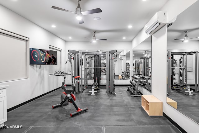 workout area with ceiling fan and a wall unit AC