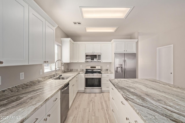 kitchen with visible vents, stainless steel appliances, a sink, and white cabinetry