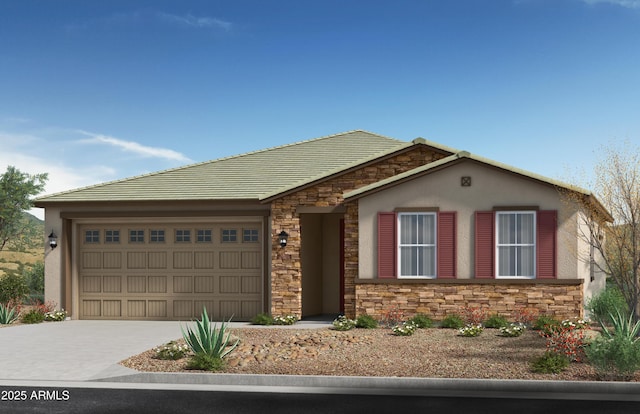 single story home with a garage, stone siding, concrete driveway, and stucco siding