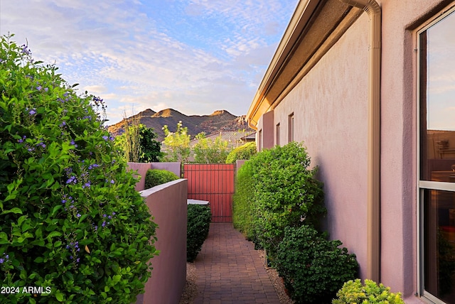 view of patio with a mountain view