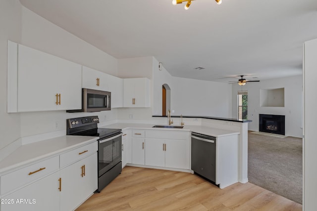 kitchen featuring ceiling fan, appliances with stainless steel finishes, a peninsula, a glass covered fireplace, and a sink