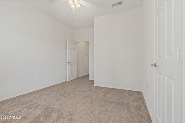 unfurnished bedroom featuring visible vents, ceiling fan, baseboards, and carpet