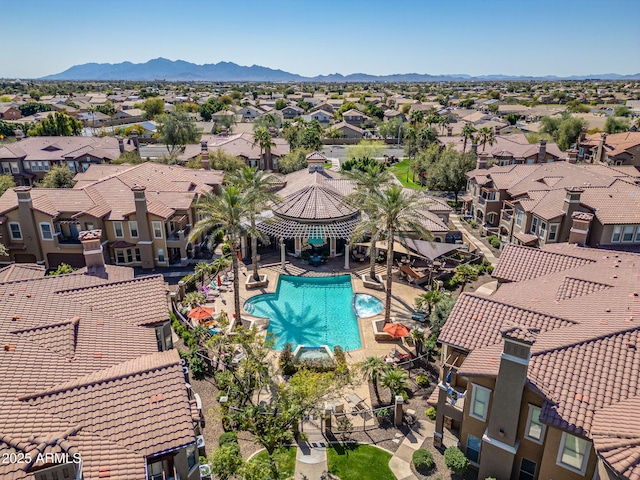 bird's eye view featuring a mountain view and a residential view