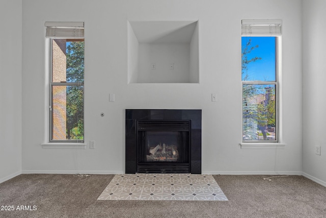 room details with baseboards, a fireplace, and carpet flooring