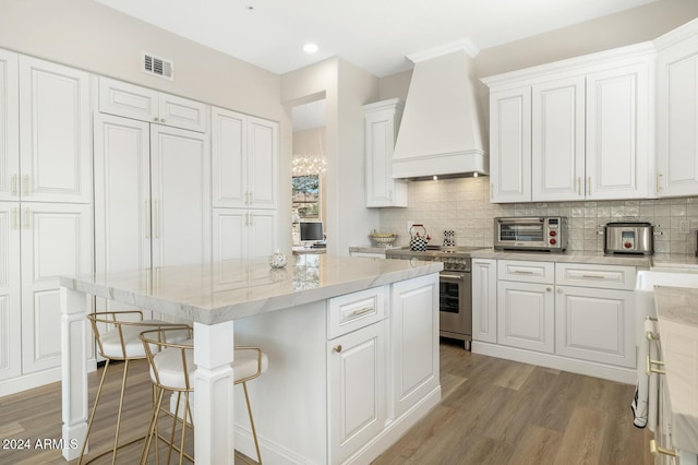 8757 E Lariat Ln, Scottsdale, AZ 85255 - kitchen featuring custom exhaust hood, stainless steel stove, light wood-type flooring, a kitchen island, and backsplash