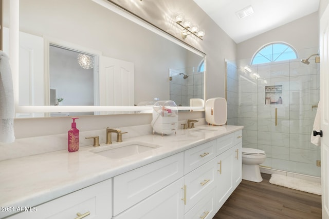 bathroom featuring vanity, hardwood / wood-style floors, toilet, and walk in shower