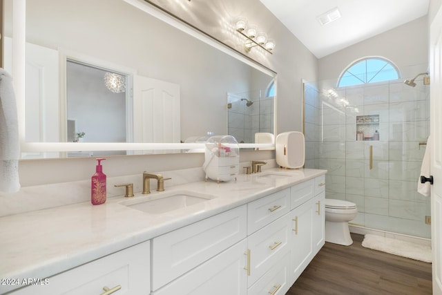 8757 E Lariat Ln, Scottsdale, AZ 85255 - bathroom featuring a shower stall, double vanity, toilet, and wood finished floors