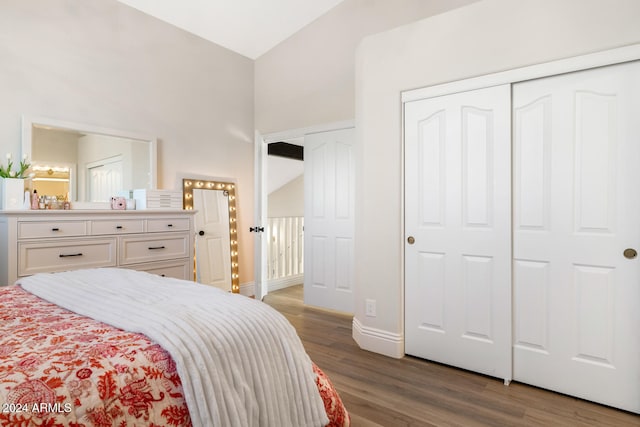 bedroom with a closet, light hardwood / wood-style floors, and high vaulted ceiling