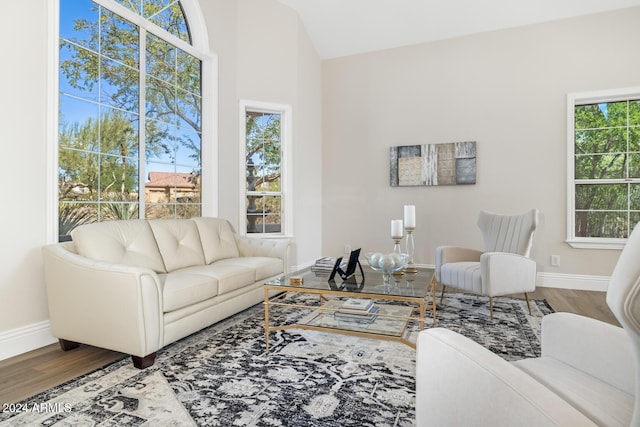 8757 E Lariat Ln, Scottsdale, AZ 85255 - living room featuring wood finished floors, baseboards, and lofted ceiling