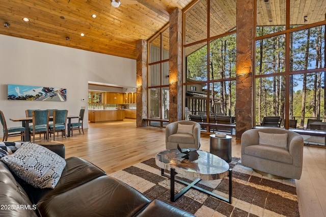 2096 William Palmer, Flagstaff, AZ 86005 - living room with wooden ceiling, high vaulted ceiling, and light wood-style flooring