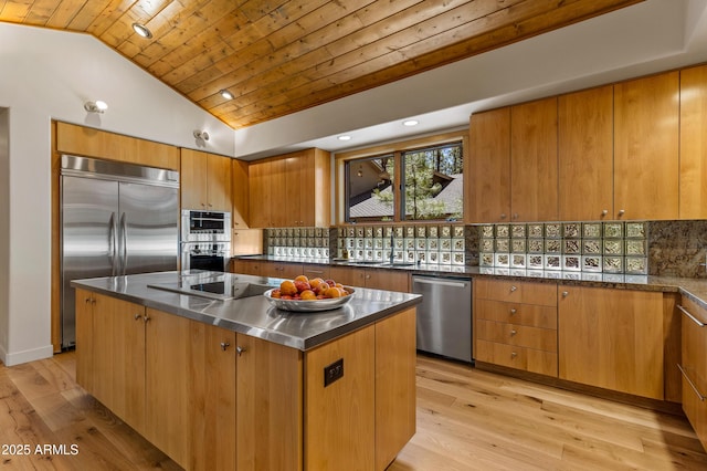 2096 William Palmer, Flagstaff, AZ 86005 - kitchen featuring wood ceiling, stainless steel counters, appliances with stainless steel finishes, vaulted ceiling, and light wood-style flooring