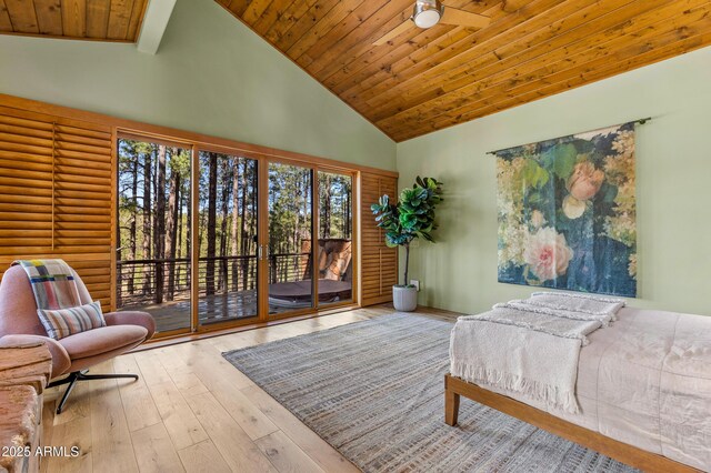 2096 William Palmer, Flagstaff, AZ 86005 - bedroom featuring high vaulted ceiling, access to exterior, wood ceiling, and hardwood / wood-style flooring