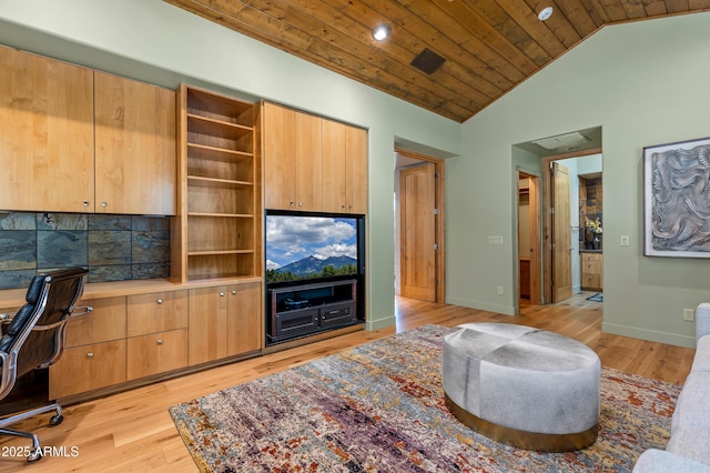 2096 William Palmer, Flagstaff, AZ 86005 - living area with baseboards, light wood-type flooring, recessed lighting, wood ceiling, and vaulted ceiling
