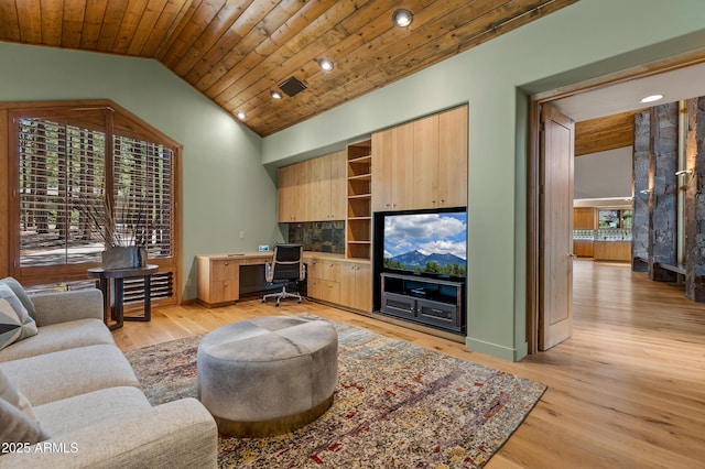 2096 William Palmer, Flagstaff, AZ 86005 - living area with wood ceiling, vaulted ceiling, built in study area, recessed lighting, and light wood-style flooring