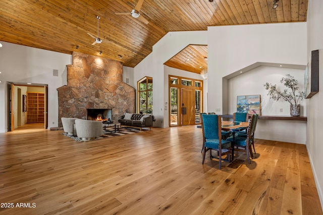 2096 William Palmer, Flagstaff, AZ 86005 - dining area featuring wood-type flooring, a fireplace, high vaulted ceiling, and wooden ceiling