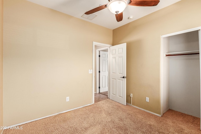 unfurnished bedroom with ceiling fan, carpet floors, visible vents, baseboards, and a closet