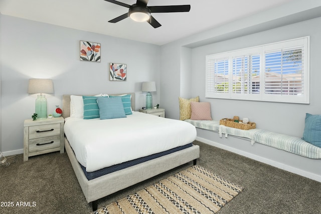 bedroom with carpet floors, ceiling fan, and baseboards