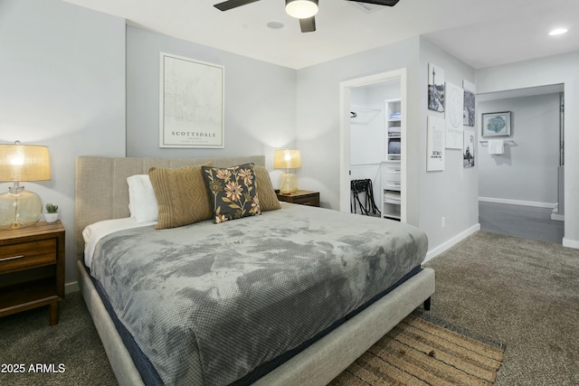 bedroom with baseboards, ceiling fan, a spacious closet, carpet flooring, and recessed lighting