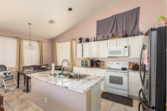 kitchen featuring sink, hanging light fixtures, an island with sink, white appliances, and white cabinets