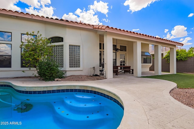 5428 W Wethersfield Dr, Glendale, AZ 85304 - pool with fence, ceiling fan, and a patio area