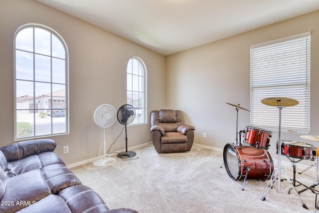 living area featuring carpet