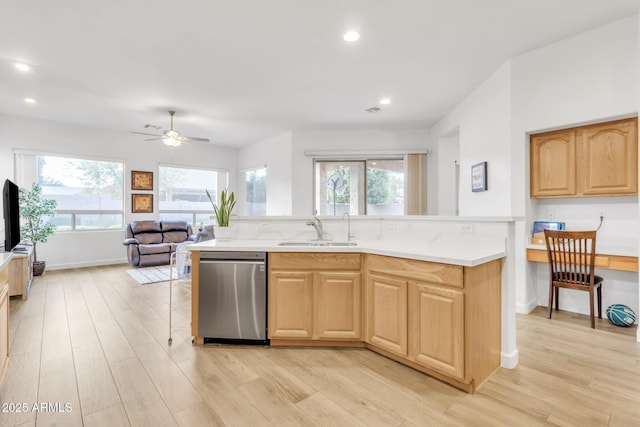 kitchen featuring sink, plenty of natural light, light hardwood / wood-style floors, and dishwasher