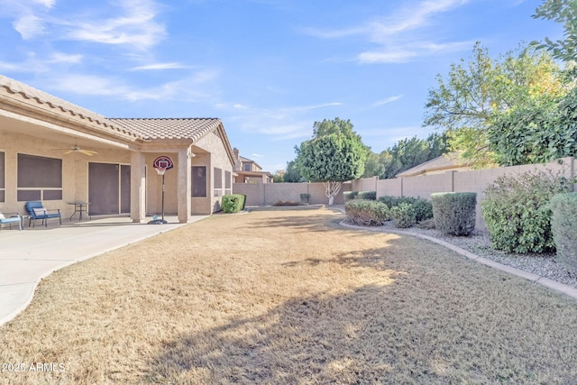 view of yard with a patio and ceiling fan