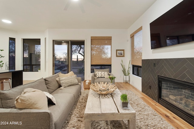 living room with ceiling fan and light hardwood / wood-style flooring