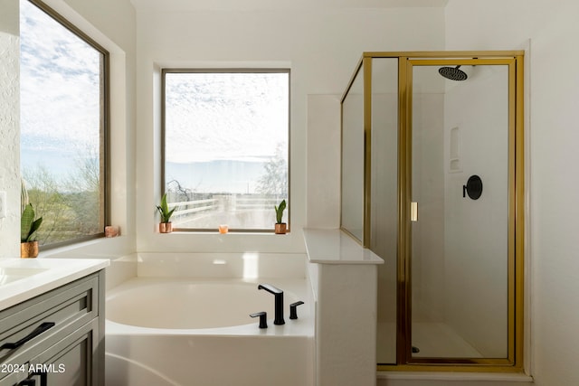 bathroom featuring a wealth of natural light, vanity, and shower with separate bathtub