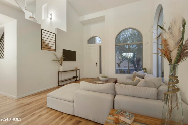 living room featuring high vaulted ceiling and hardwood / wood-style flooring