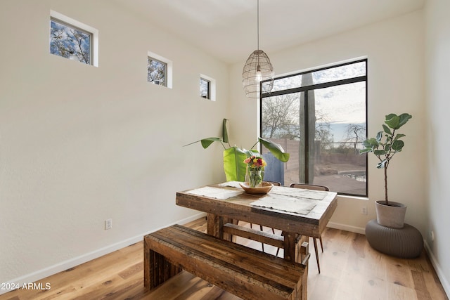 dining space with light hardwood / wood-style flooring, a healthy amount of sunlight, and a chandelier