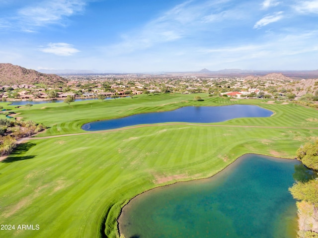 bird's eye view featuring a water and mountain view