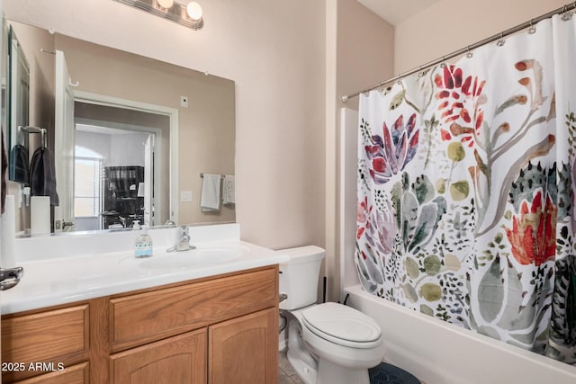 full bathroom with vanity, toilet, and shower / bathtub combination with curtain