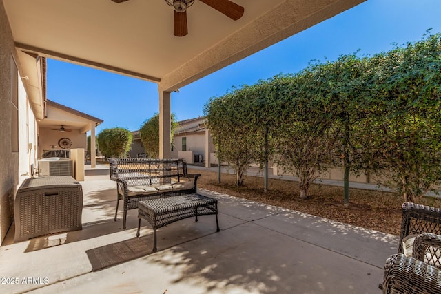 view of patio / terrace with ceiling fan, outdoor lounge area, and cooling unit