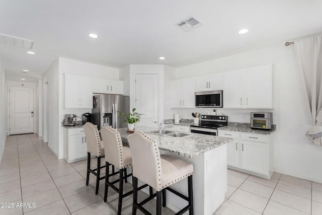 kitchen with stainless steel appliances, a sink, visible vents, white cabinetry, and an island with sink