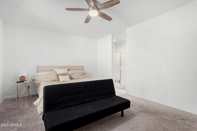 bedroom featuring a ceiling fan, light colored carpet, and baseboards