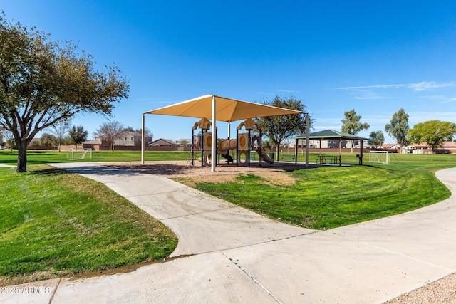 surrounding community with a lawn, playground community, and a gazebo