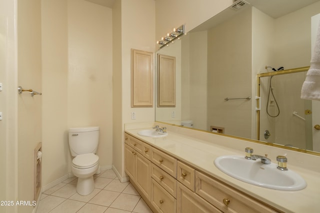 6917 E Night Glow Cir, Scottsdale, AZ 85266 - bathroom with toilet, tile patterned flooring, double vanity, baseboards, and an enclosed shower