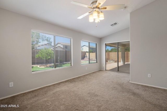 2615 W Silver Streak Way, San Tan Valley, AZ 85144 - carpeted spare room with baseboards, ceiling fan, and lofted ceiling