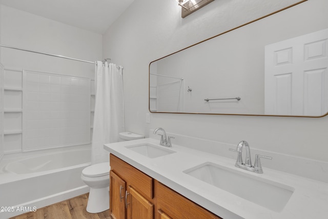 9261 W Sheridan St, Phoenix, AZ 85037 - bathroom with wood finished floors, shower / bath combination with curtain, and double vanity