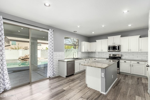 kitchen featuring white cabinets, stainless steel appliances, a sink, and wood finished floors