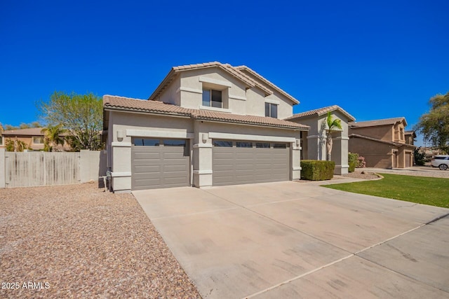 view of front facade featuring driveway, a tile roof, an attached garage, fence, and stucco siding