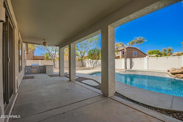 view of pool featuring a fenced backyard, a fenced in pool, a patio, and area for grilling