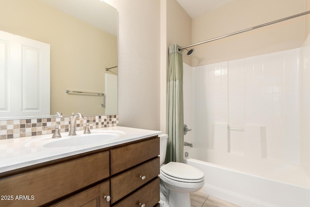 full bath with decorative backsplash, toilet, shower / bath combo, and vanity