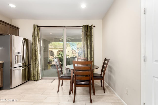 dining area with recessed lighting, baseboards, and a ceiling fan