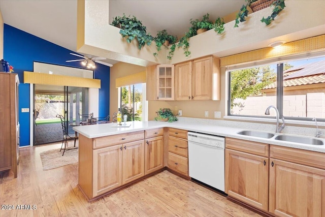 kitchen with light hardwood / wood-style floors, kitchen peninsula, a healthy amount of sunlight, and white dishwasher