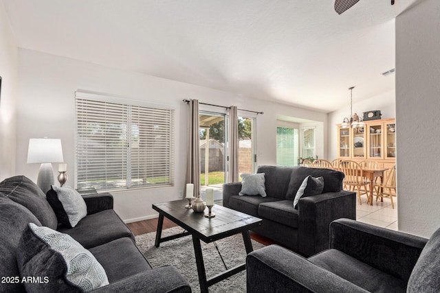 living room featuring wood finished floors, a chandelier, and ceiling fan